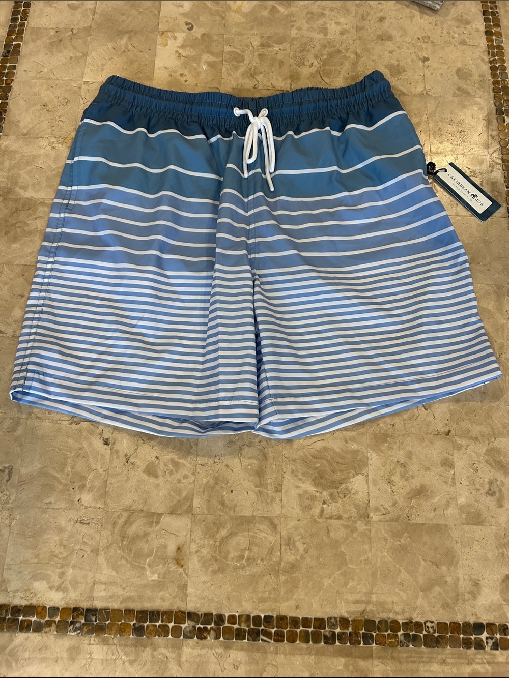 NWT Caribbean Joe swim shorts blue/white‎ horizontal stripes with Lining Size L